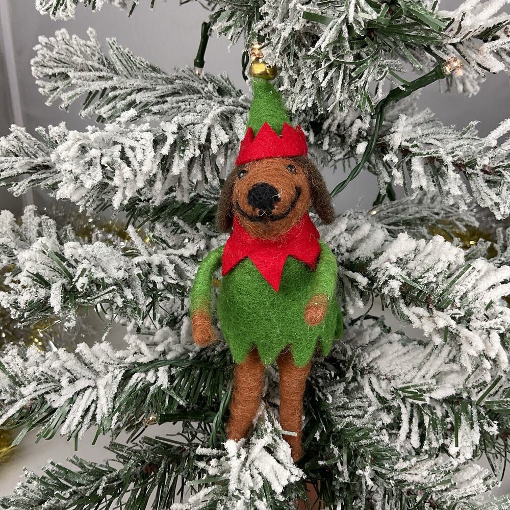 Christmas Tree Ornament-Felt Festive Happy Elf Dog -The Bridge Collection